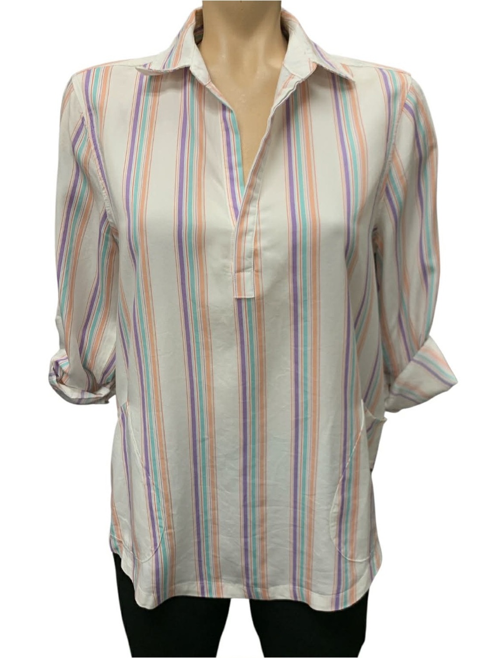 Standard Grace Women's White Tunic Blouse with Pastel Stripes Size S